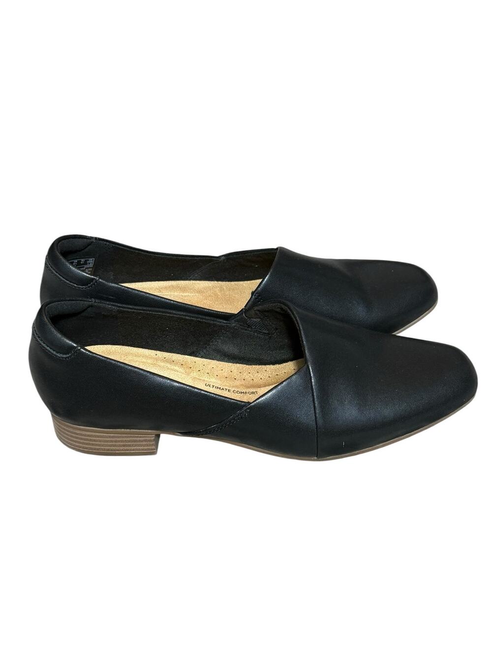 Clarks Juliet Palm Black Leather Loafers Slip-On Comfort Shoes Women’s US 9.5